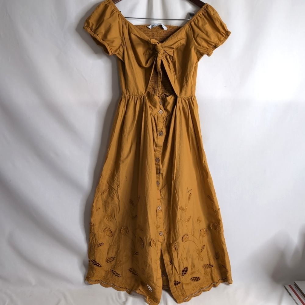 ZARA boho cottage core Mustard Yellow Midi Dress with Embroidery and Puff Sleeve